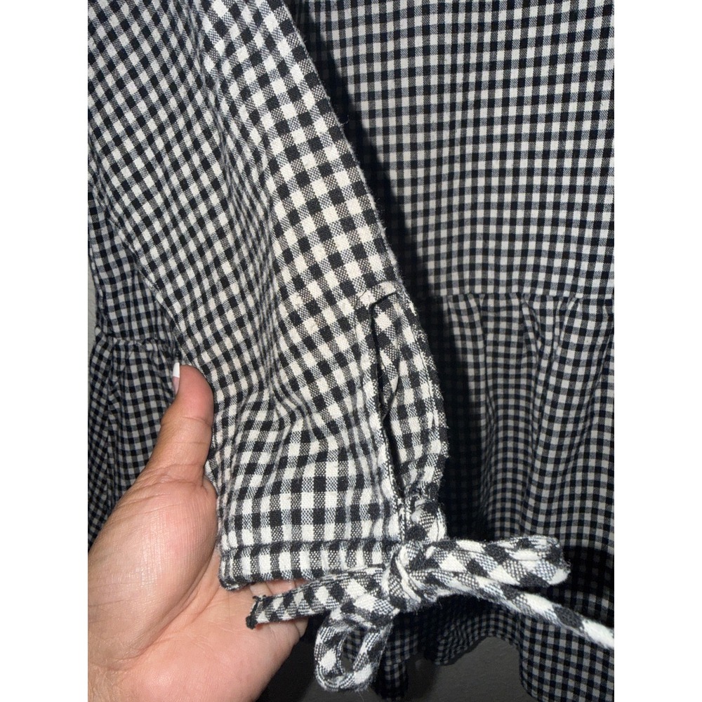 Zara Basic Gingham Peplum Blouse Black White Tie Sleeve Button Back Small - Picture 3 of 11